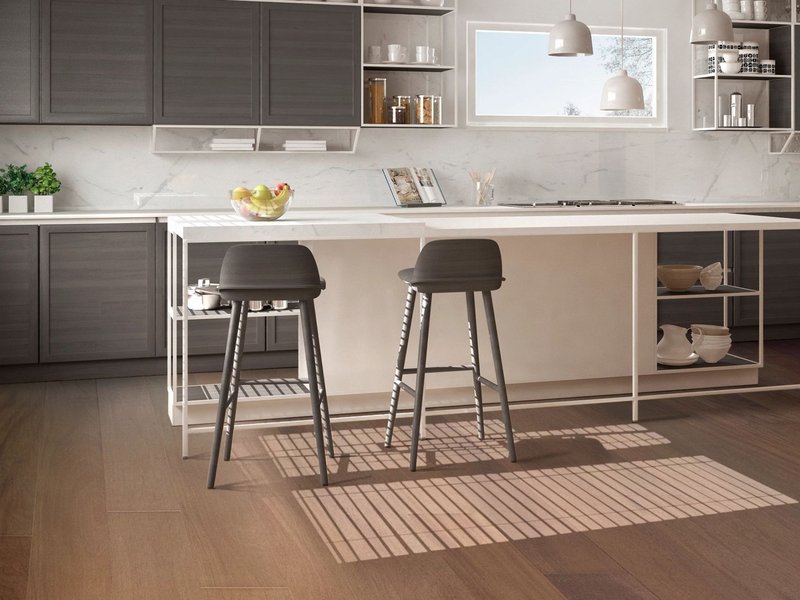 Kitchen with gray cabinets and hardwood flooring from from 180 Degree Floors in the Nashville, TN area